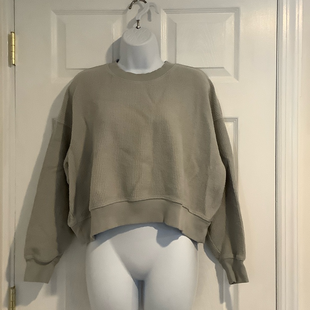 AERIE Women’s 100% Cotton Green Oversized Ribbed Neutral Cropped Sweatshirt XS